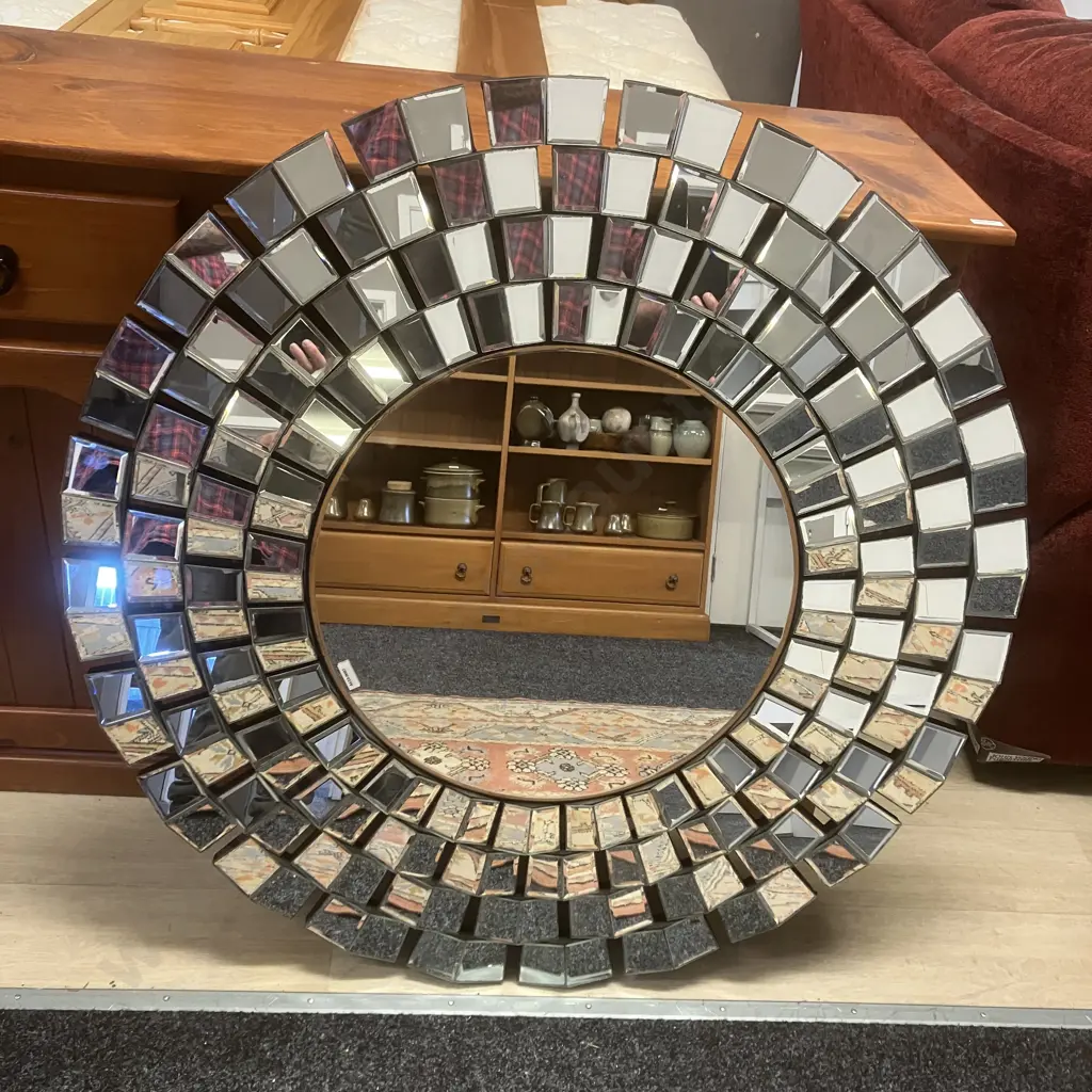 Round Glass Art 100cm Wall Mirror - Framed With Offset Mosaic Glass Panels Ex Harvey Norman Image 1++