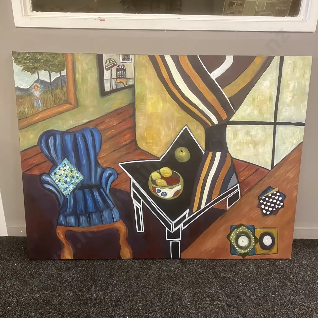Large Painting On Canvas Interior Scene In Cubist Style. 92 x 122cm Image 1++