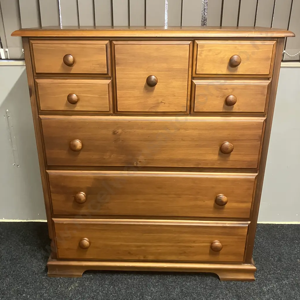 Wooden 8 Drawer Scotch Chest, Knob Handles. H120 W106.5 D42cm Image 1++