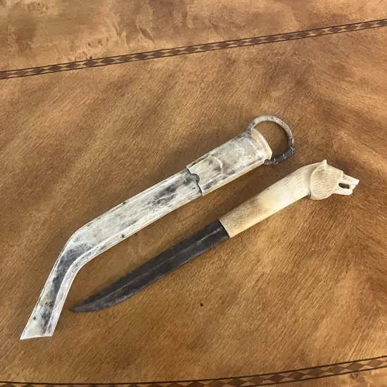 Vintage Lappland Finnish Puukko Knife With Reindeer Antler Wolf Head Handle & Sheath