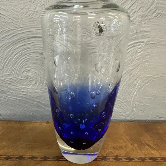 Quality Handmade Clear Glass Vase With Blue Base & Air Bubbles H20.5cm.