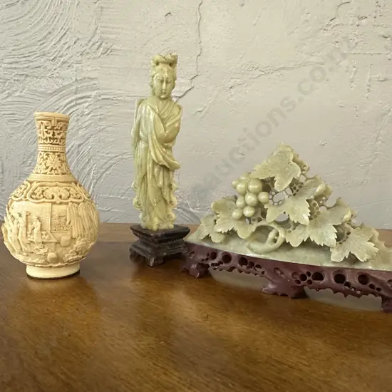 Vintage Hand Carved Chinese Soap Stone Sculptures & Chinese Carved Resin Vase
