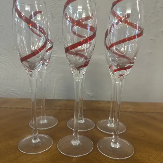 Set Of Six Champagne Flutes With Red Swirl