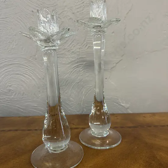 Pair Of Clear Glass Lotus Flower Candle Stick Holders H26cm & H 29cm.