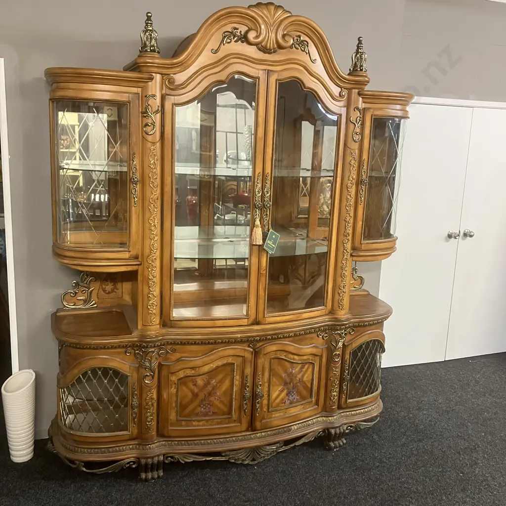 AICO by Michael Amini Venetian Honey Walnut Buffet With China Cabinet Top Image 1++
