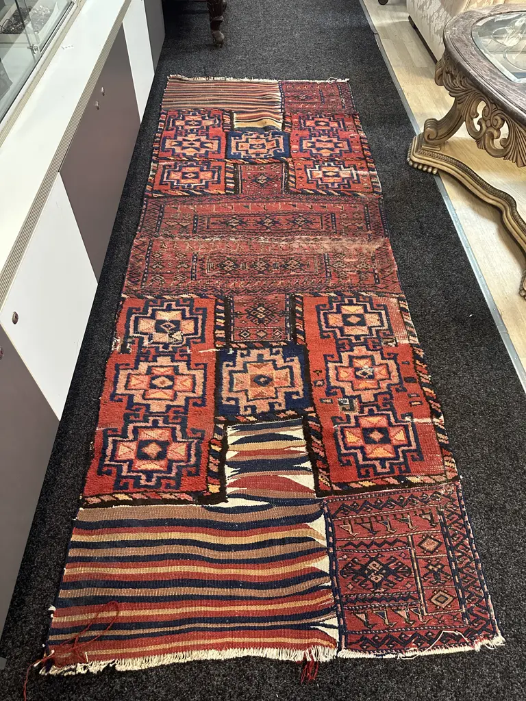 Floor Runner Red/Navy/Cream Patchwork Detail L273,W100cm. Image 1++