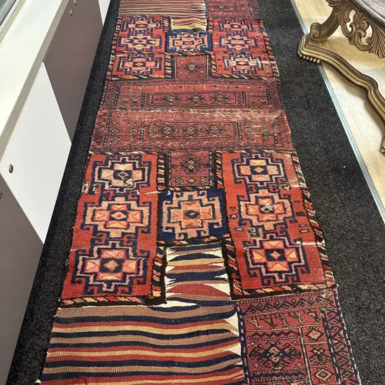 Floor Runner Red/Navy/Cream Patchwork Detail L273,W100cm.