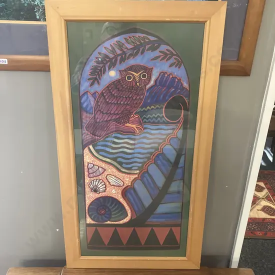 Numbered & Signed 'Morepork With Castle Rock' Print By Kaye Herrick 488/500. 83 x 45cm