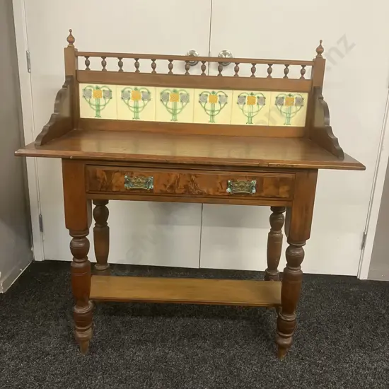 Victorian Antique Wooden Wash Stand With Ceramic Art Nouveau Tiles, Walnut Detailing. H113 W108 D47cm
