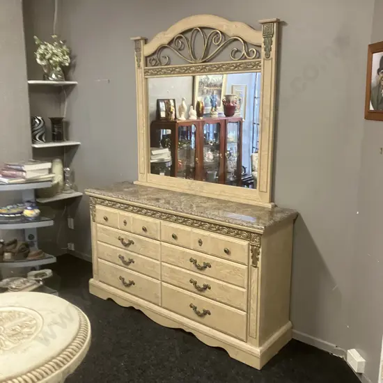 Ashley White Oak 8 Drawer Dresser With Mirror, Faux Marble Top, Ornate Antiqued Finish Hardware & Scroll Moulding