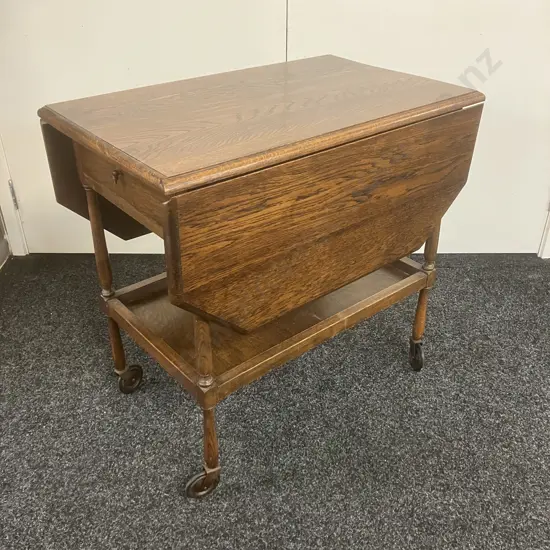 Art Deco Oak Drop Leaf Trolley Table, Single Drawer. H67 W71 D45 -