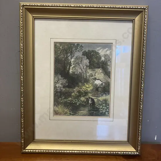 'The Dipping Place' Genuine Antique Engraving Coloured By Hand c1875. 36 x 29cm