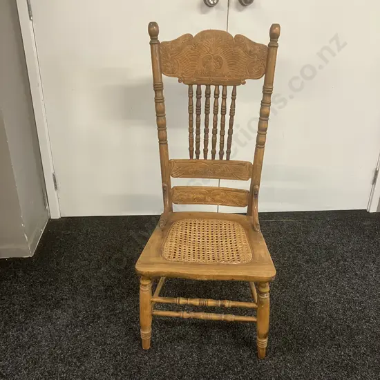 Antique Oak Spindle Pressed Back Chair With Woven Wicker Seat. H99cm