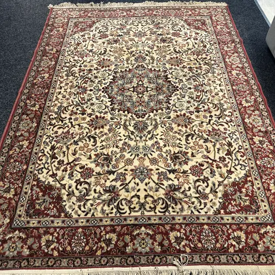 Belguim Woollen Floor Rug Red/Cream/Pale Blue Detail L245,W170cm.