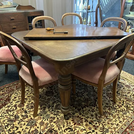 Antique Mahogany Single Leaf Crank Extension Dining Table With Turned Legs, With 6 Victorian Balloon Back Dining Chairs