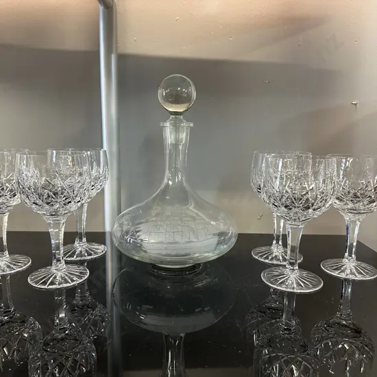 Vintage Ships Decanter & Six Wine Glasses 1x Chipped 