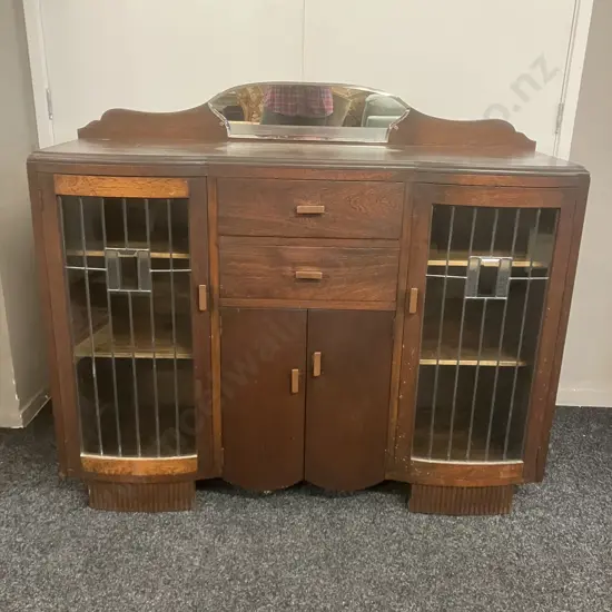 Art Deco Oak Leadlight Glass Sideboard. H110 W129 D44cm