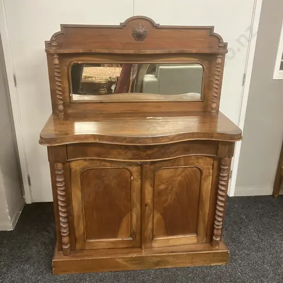 Victorian Mahogany Chiffonier Raised Shaped Mirror, Barley Twist Supports, Single Fitted Drawer, 2 Door. H143 W107 D45cm
