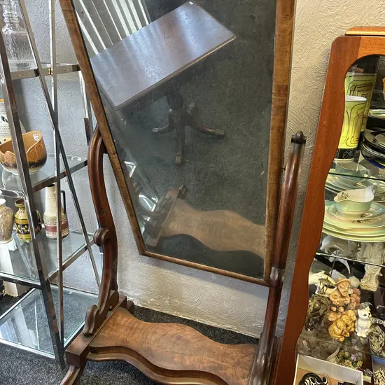Antique Victorian Mahogany Full Length Free Standing Cheval Mirror On Metal Castors. H165cm (AF)