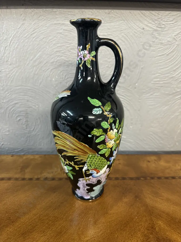 Vintage Woods & Sons Korea Black Floral & Bird Detailed Vase H33cm. Image 1++