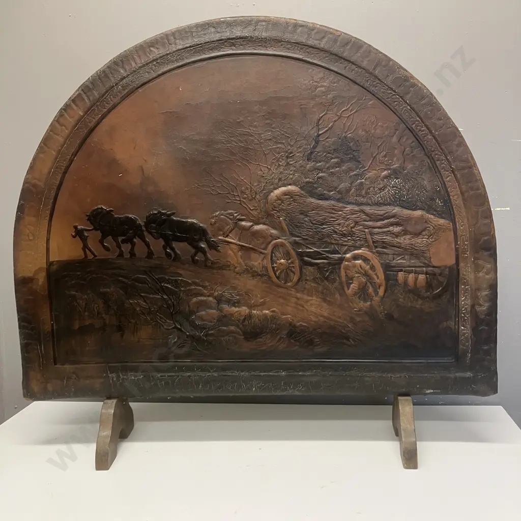 Vintage Carved Leather Curved Firescreen With Horse Logging Scene. 73 x 81cm Image 1++