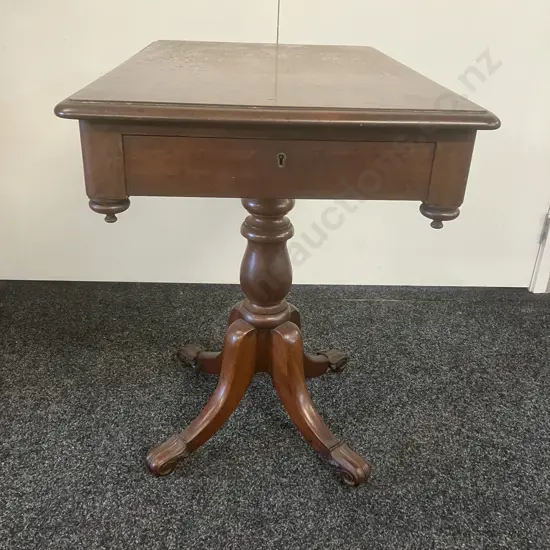 Victorian Antique Side Table, Single Drawer, Turned Pedestal To 4 Carved Feet On Castors. H74 W76 D50cm