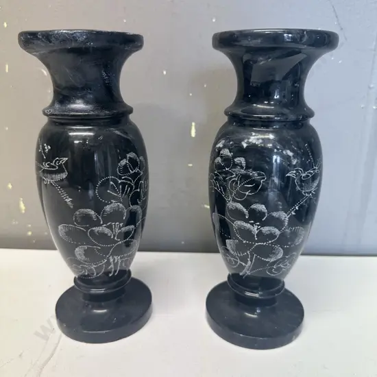Pair Of Black Marble Vases  With Etched Bird Detail H20cm.