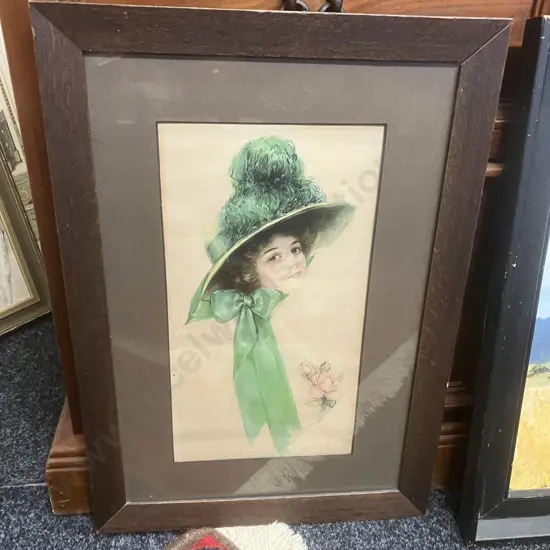 Oak Framed Print Of Victorian Woman With Feather Hat & Bow. 55 x 39cm