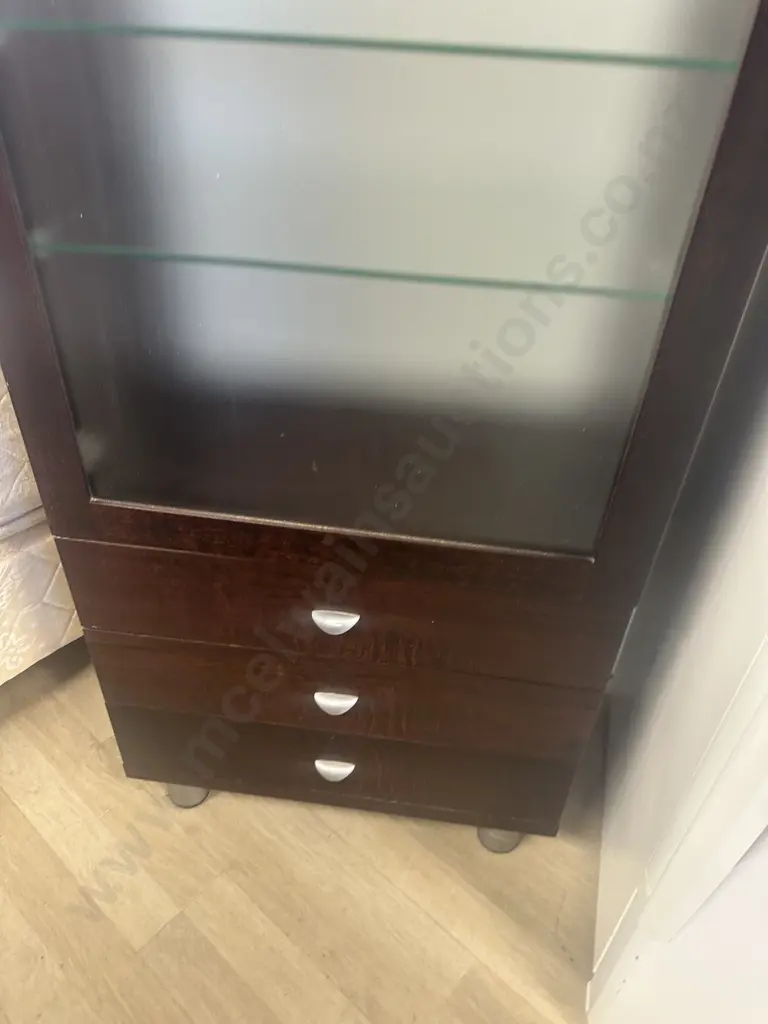 Dark Oak Effect Single Frosted Glass Door Display Cabinet With Glass Shelves & 3 Drawers In Base. H162 W59 D39cm Image 1++