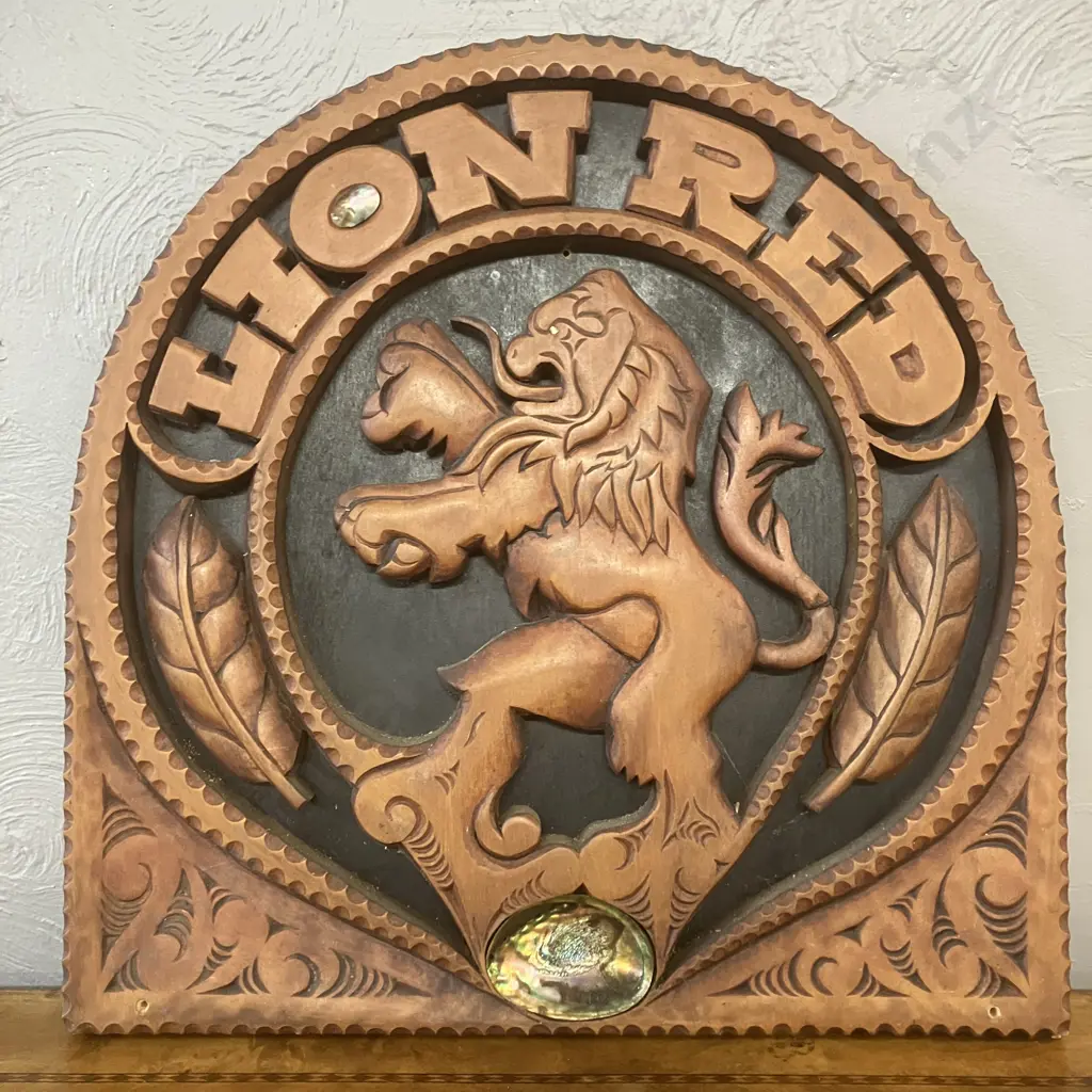 Vintage Hand Carved Lion Red Wall Art With Paua Shell Details. 59 x 58.5cm Image 1++
