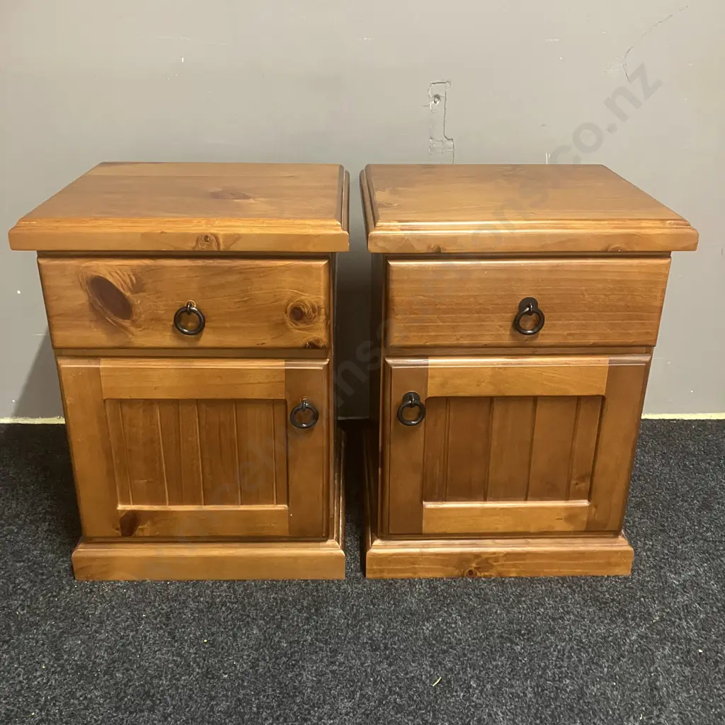 Pair of Pine Bedsides, 1 Drawer, 1 Door, Black Ring Handles. H62 W45 D40cm Image 1++