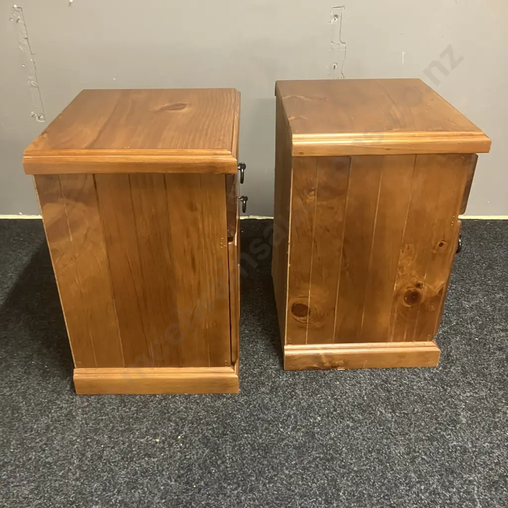 Pair of Pine Bedsides, 1 Drawer, 1 Door, Black Ring Handles. H62 W45 D40cm Image 1++