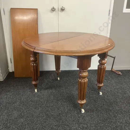 Antique Mahogany Single Leaf Crank Extension Dining Table With Turned Legs & White Porcelain Castors, Thumb Molded Edge