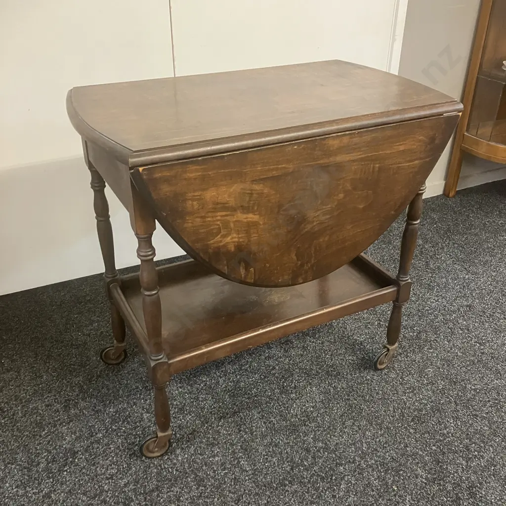 Mahogany Drop Leaf Trolley Table, Single Drawer. H74 W76 D47 - 111cm Image 1++