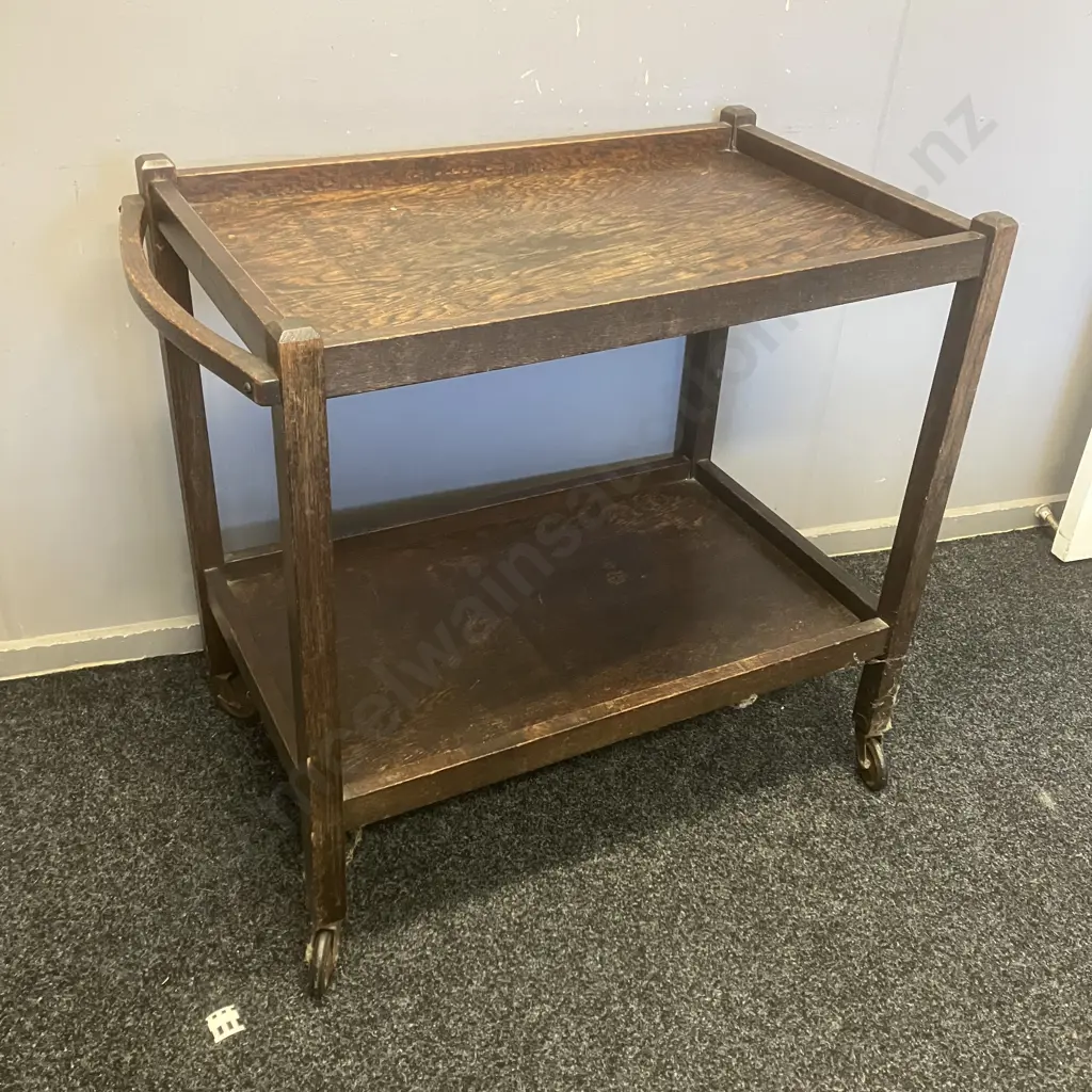 Art Deco Two-Tier Tea Trolley, Curved Handle, On Wheels. H77 W82 D47.5cm Image 1++