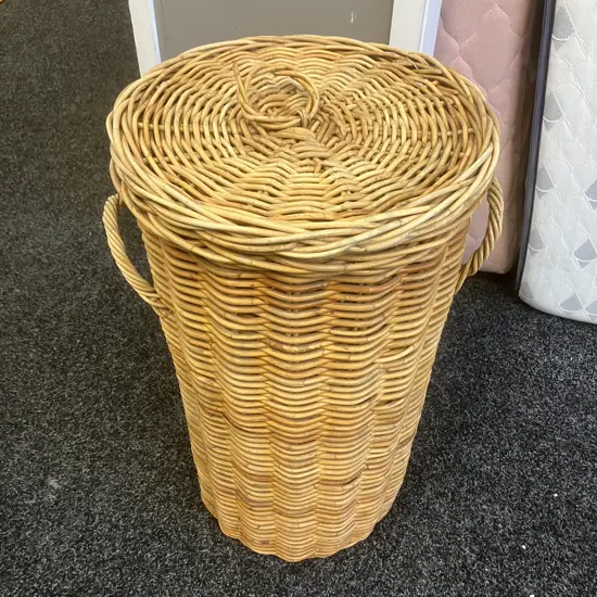 Tall Cylindrical Woven Cane Basket With Lid. 64 x 36cm