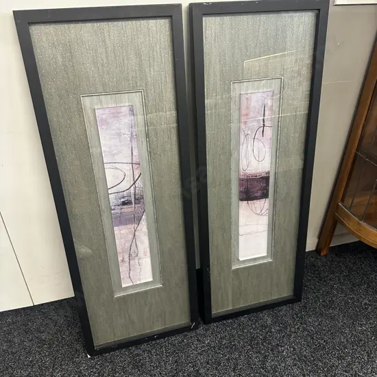 Pair Of Black Rectangular Framed Abstract Wall Art Light Pink & Purple Tones H105,W39cm.