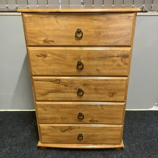 Vintage Compac Furniture Oxford 5 Drawer Tallboy, Ring Handles, Velvet Cherry Finish - Ex Forlongs. H107 W68 D40cm