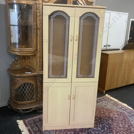 White Oak Wood Effect Four Door - Two Glazed, Bookcase. H180 W80 D33cm (Needs Shelves)