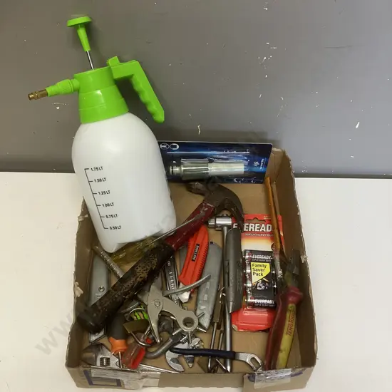 Box Lot Tools, Sprayer, Padlocks Etc