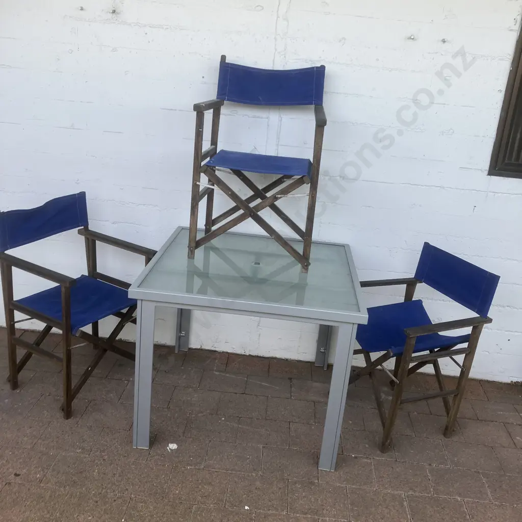 Grey Steel Outdoor Table With Frosted Glass Top (72 x 90cm) With 3 Wooden Directors Chairs Image 1++