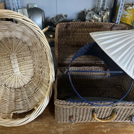 Cane Laundry Basket, Picnic Hamper, Light Shade & Retro Wall Shelf