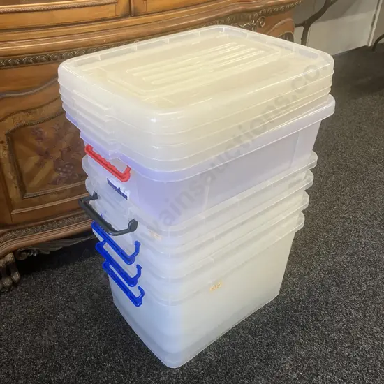 Lot of Five Handled Plastic Storage Bins With Lids. H32 W53 D40cm