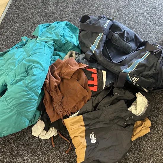 Green Puffer Jacket, North Face Jacket, Assorted Clothing & Blue Duffel Bag