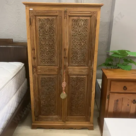 Carved Teak 2 Door Armoire With Brass Lock & Key. H170 W93 D48cm