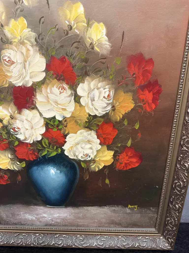 Signed Vintage Gilt Framed Artwork Still Life Vase Of Flowers 70x60cm. Image 1++