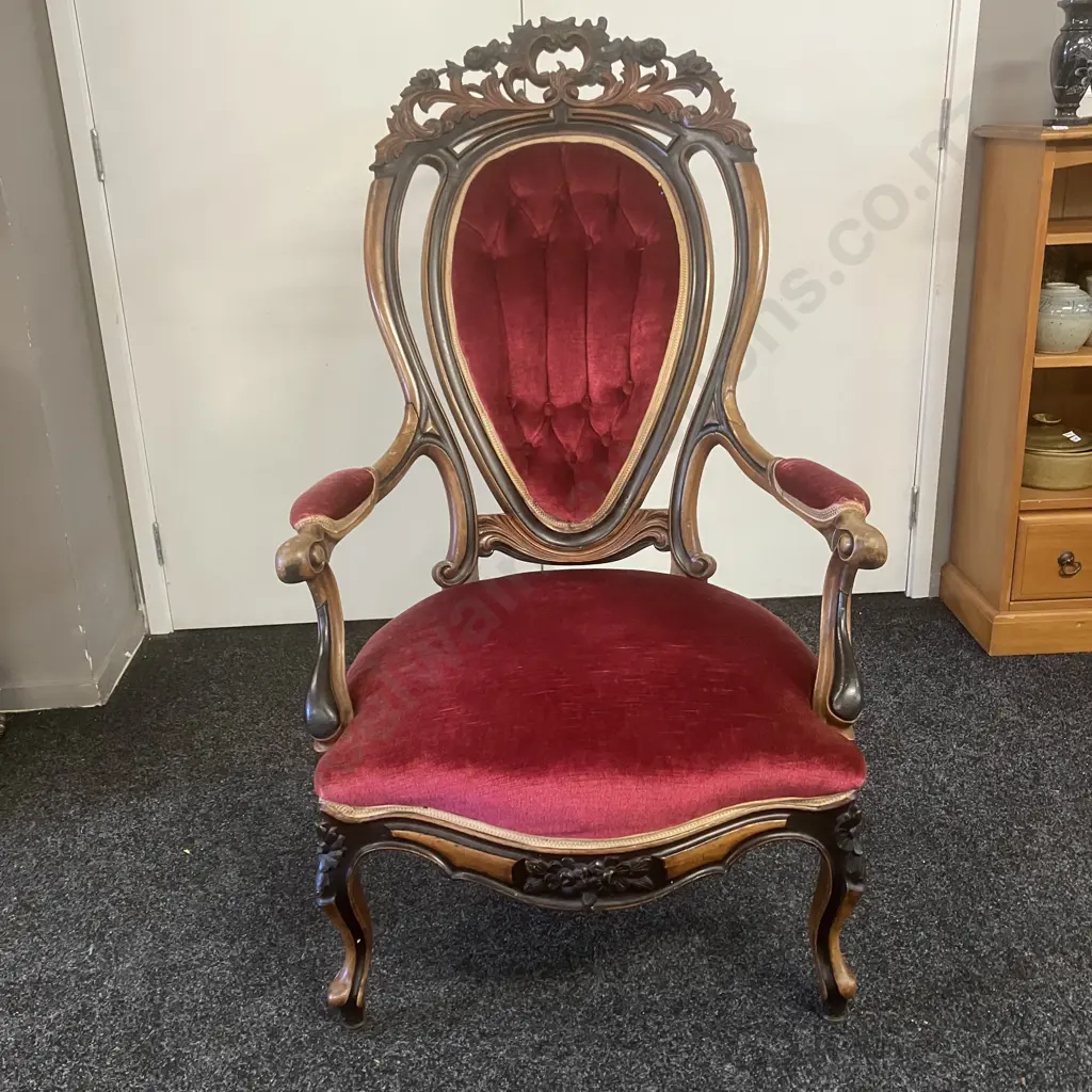 Antique Victorian Heavily Carved Walnut Gentleman's Chair, Red Velvet Upholstered. 120 x 72cm Image 1++