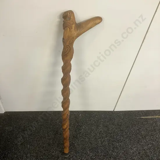 Vintage Carved Wooden Maori Walking Stick With Paua Detailing. L87cm