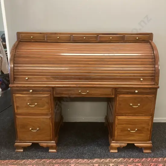 Stunning Modern Mahogany Rolltop Secretaire Kneehole Desk, 14 Drawers, Brass Handles, 2 x Pull Out Slides,