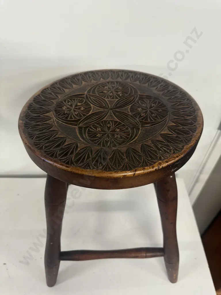 Antique Wooden Stool With Round Carved Seat H46cm. Image 1++
